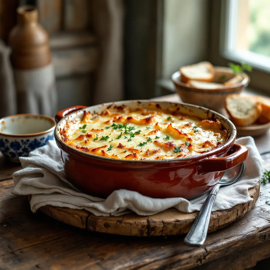 La soupe au pain gratinée, dans un plat en terre sur une table de ferme