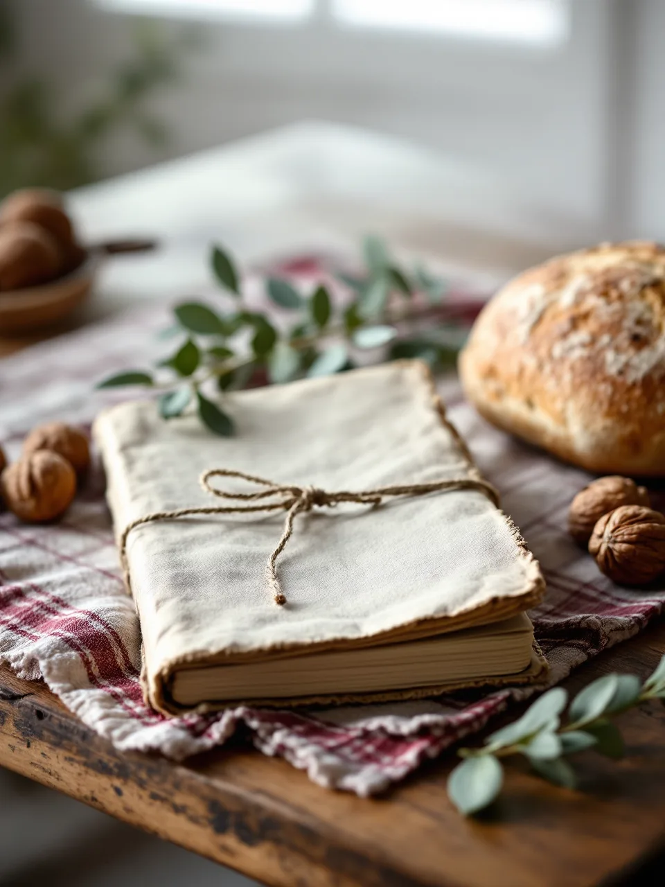 Le carnet de recettes de la mémé, posé sur une table de ferme avec des noix et une miche de pain