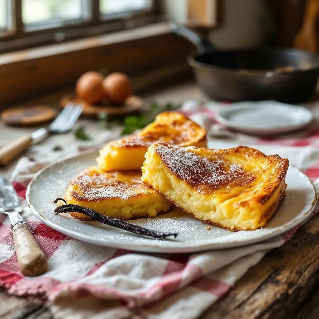 Le pain perdu du jeudi, doré et saupoudré de sucre, sur une assiette en faïence