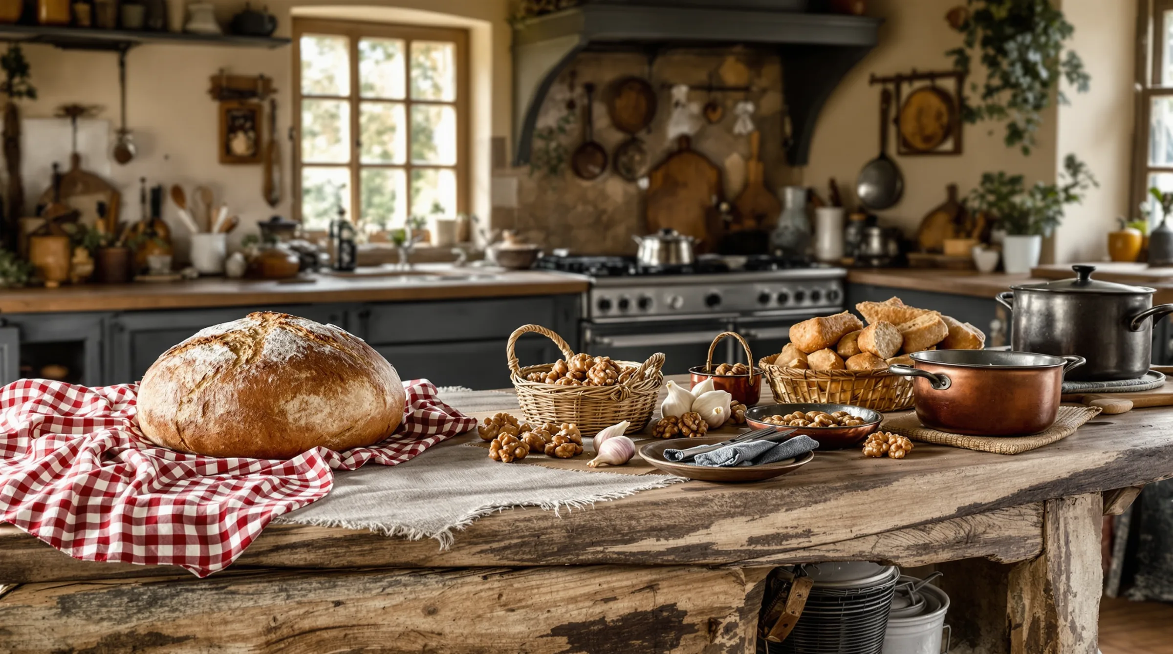 Une table de ferme du Périgord avec une miche de pain, des noix, de l’ail et une cocotte en fonte